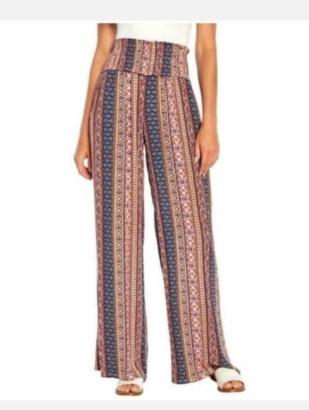 Three Dots Multi Pattern Boho Wide Leg Pull On Pants